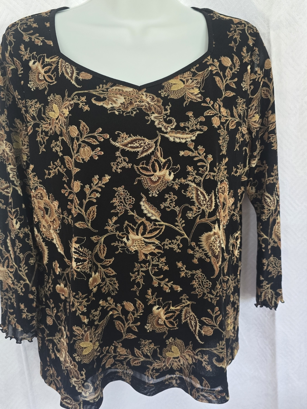 Emma James Black Long-Sleeve Top with Gold Floral Print
